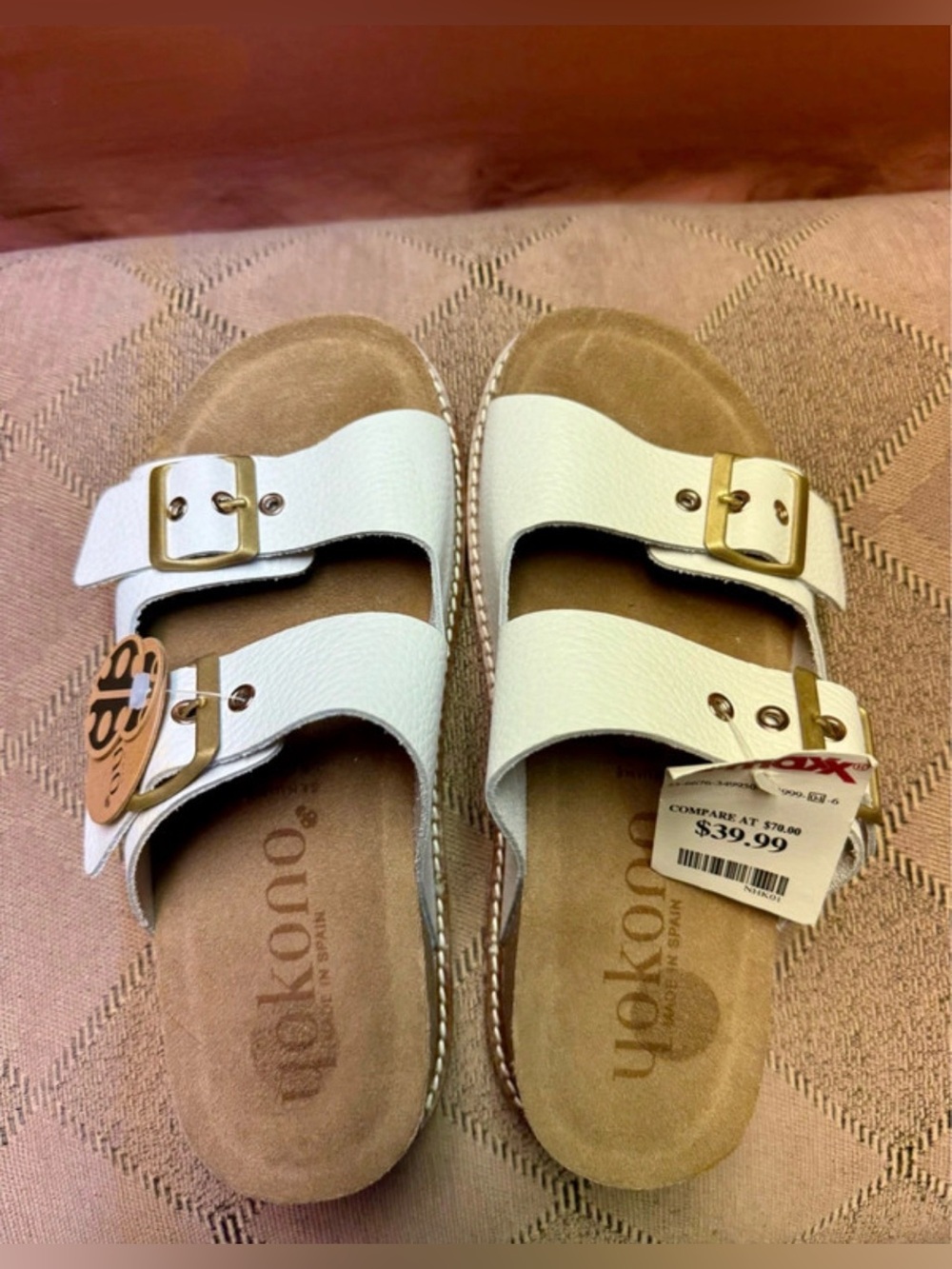 White Double-Buckle Women's Sandals with Gold Buckles